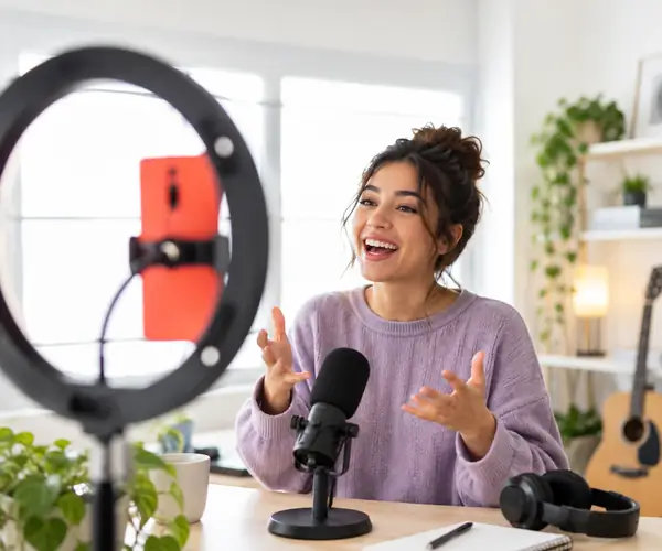 A cheerful podcaster talking to a camera beside a ring light.