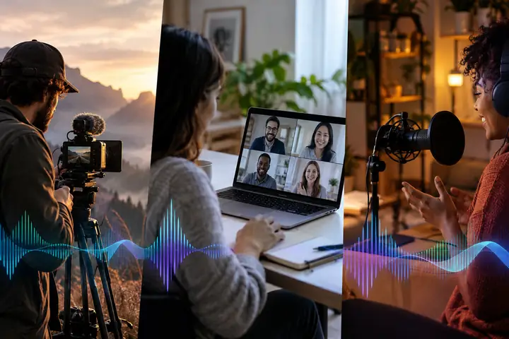 A collage of a filmmaker with a camera, a video meeting on a laptop and a creator recording at home.