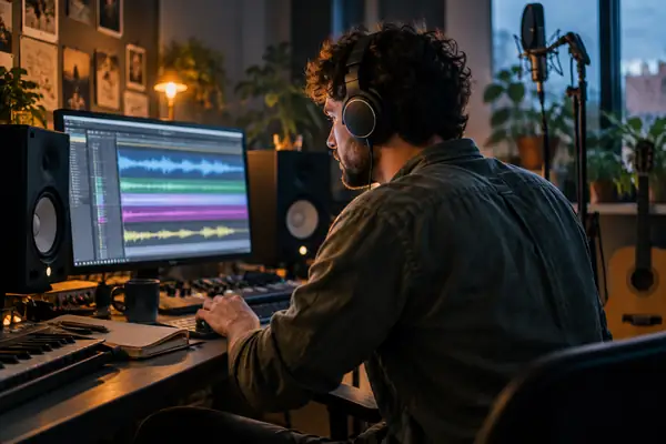 A music producer wearing headphones while working on a recording.
