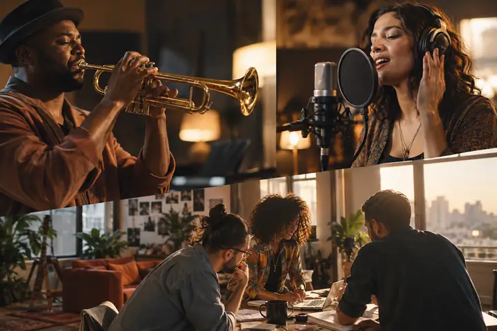 An editorial collage of music and a spoken-voice recording.