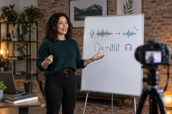An educator presenting a lesson beside a whiteboard and camera.