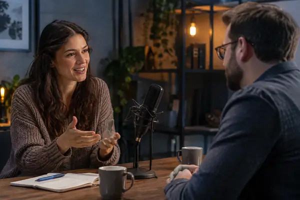 An interviewer speaking with a guest beside a recording microphone.