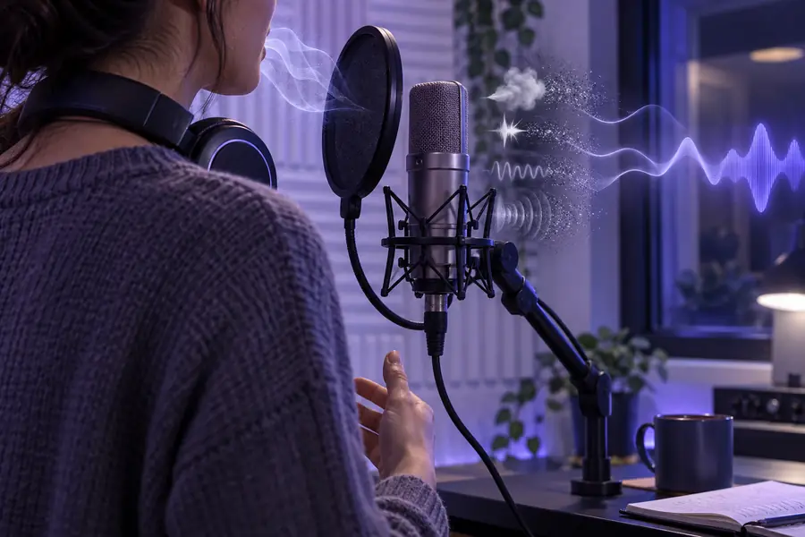 A creator listening closely to an audio recording